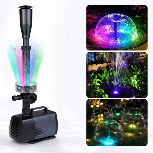 Fantana arteziana cu leduri 2000 l/h cu pompa neagra si exemple de jeturi luminoase pentru gradina