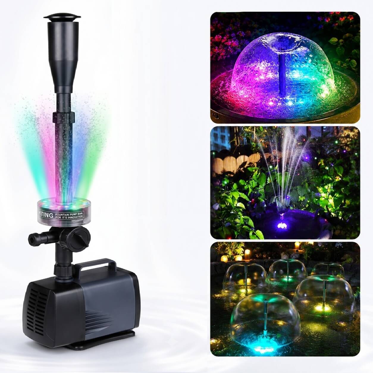 Fantana arteziana cu leduri 2000 l/h 1 Fantana arteziana cu leduri 2000 l/h cu pompa neagra si exemple de jeturi luminoase pentru gradina