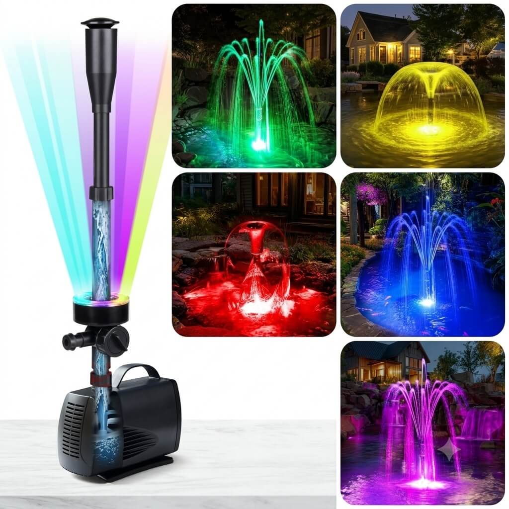 Fantana arteziana cu leduri 2000 l/h 4 Fantana arteziana cu lumini colorate si exemple de utilizare in iaz de gradina