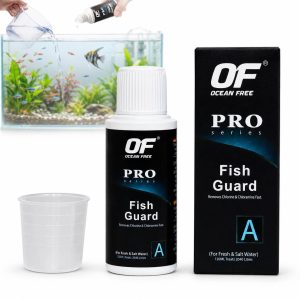 Solutie declorinare apa acvariu Ocean Free Fish Guard 2040L cu flacon, cutie, pahar dozator si exemplu de folosire la schimbarea apei in acvariu.