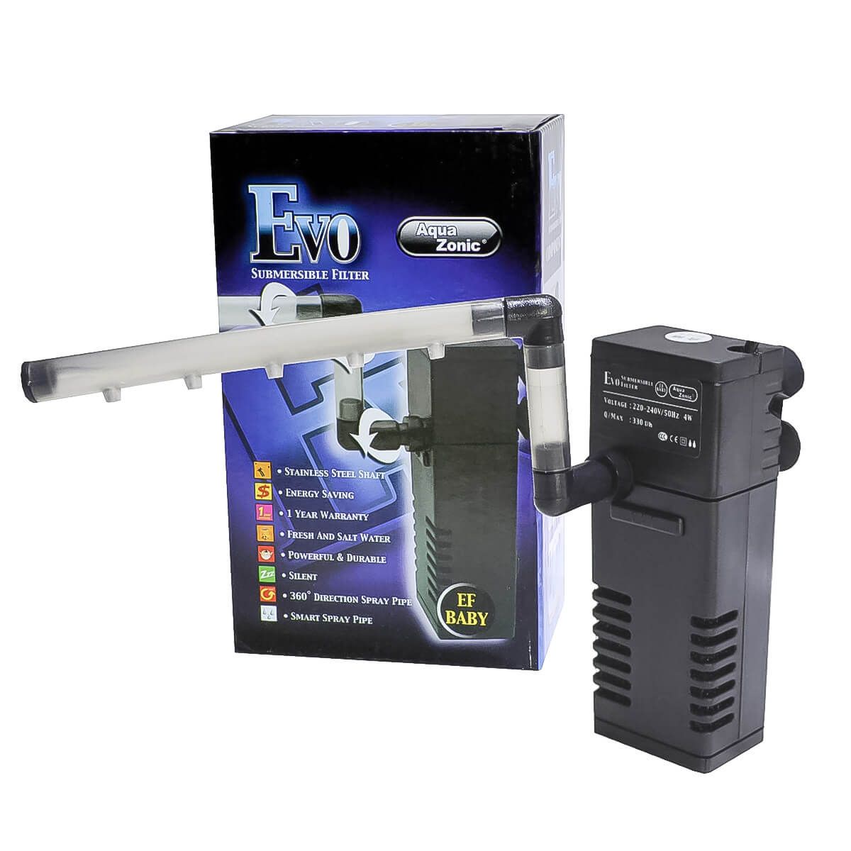 Filtru intern acvariu mic Evo Baby Submersible Filter 1 Filtru intern acvariu mic Evo Baby Submersible Filter cu tija de pulverizare, un filtru acvariu bun pentru apa limpede si pesti sanatosi in acvarii de pana la 30 litri.