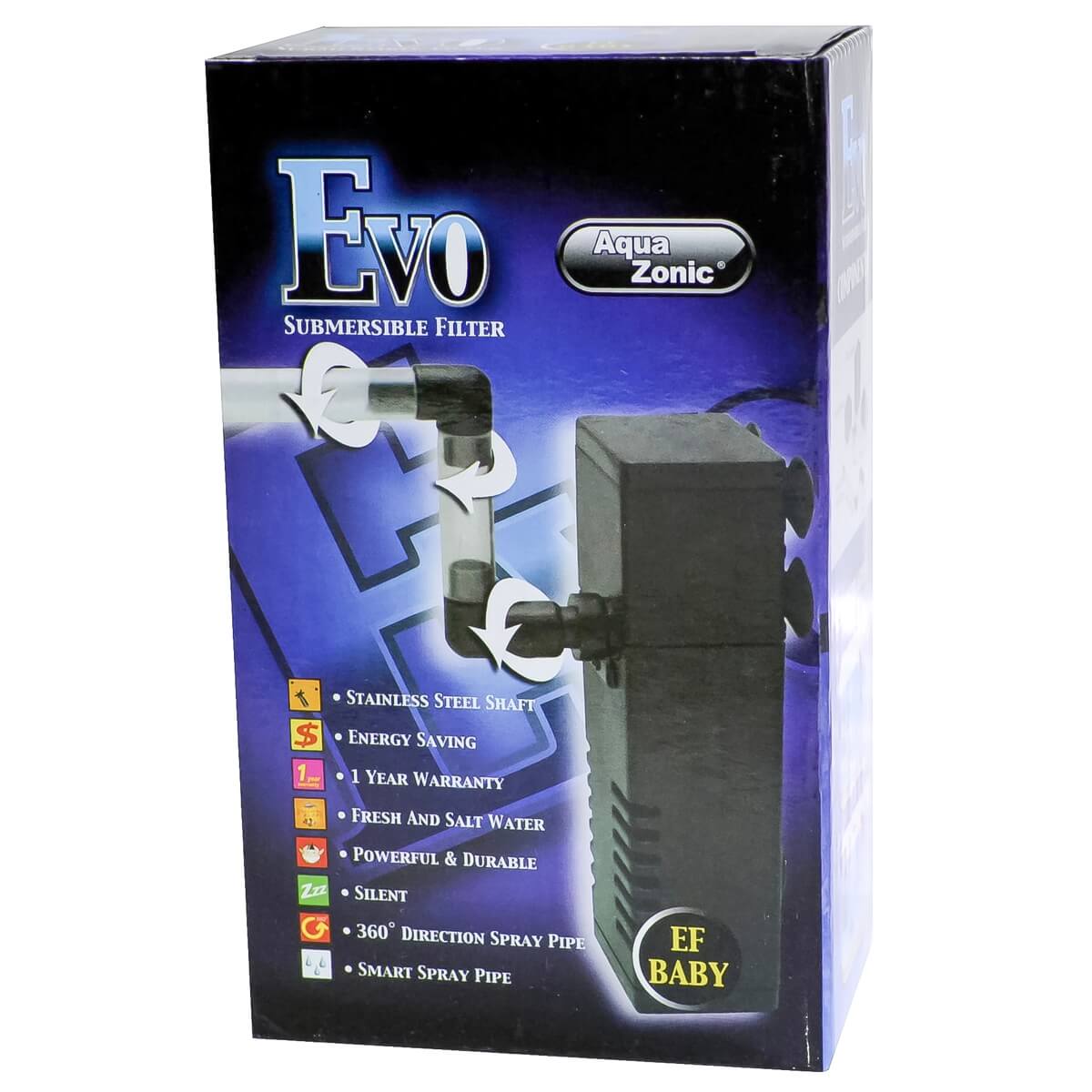 Filtru intern acvariu mic Evo Baby Submersible Filter 4 Cutia Filtru intern acvariu mic Evo Baby, prezentand principalele caracteristici si avantajele acestui filtru acvariu.
