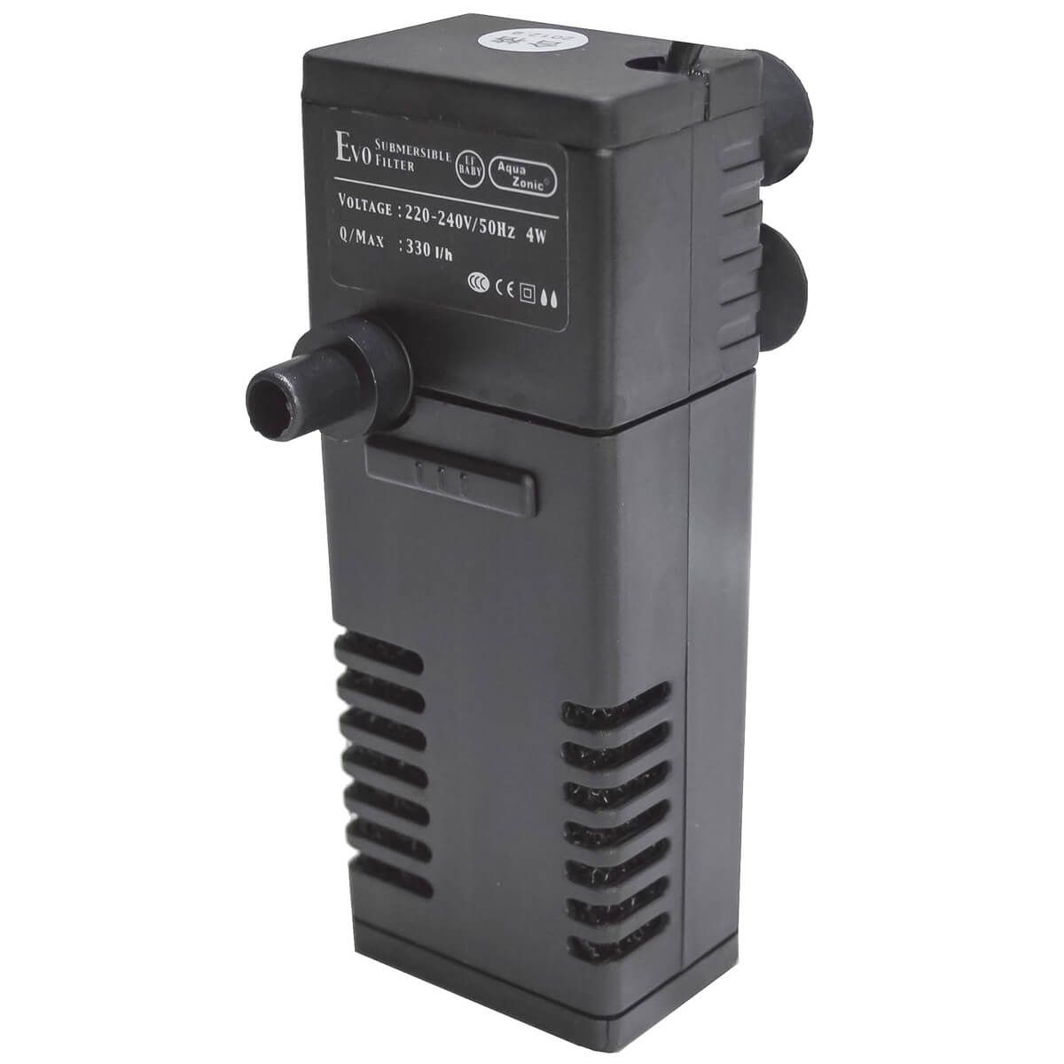Filtru intern acvariu mic Evo Baby Submersible Filter 3 Filtru de apa acvariu Evo Baby vazut din lateral, evidentiind designul compact si capacitatea de a filtra eficient apa in acvarii mici.