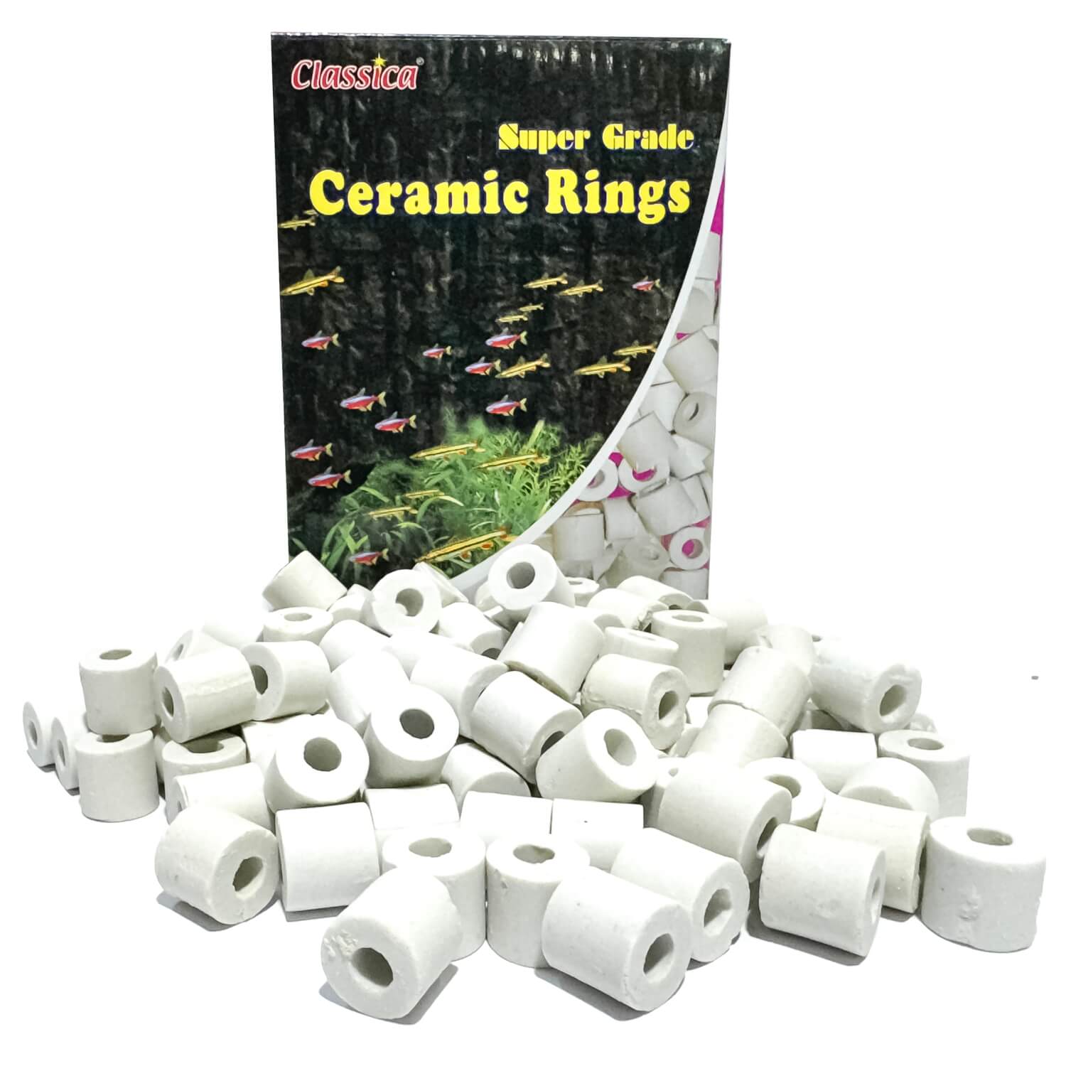 Inele ceramice pentru filtru acvariu Classica Super Grande Ceramic Rings 500 gr 2 Inele ceramice special concepute pentru eficienta maxima in filtrarea biologica. Material filtrant acvariu cu structura poroasa, ideal pentru bacterii benefice. Ceramica filtru acvariu rezistenta si durabila, potrivita pentru acvarii mari.