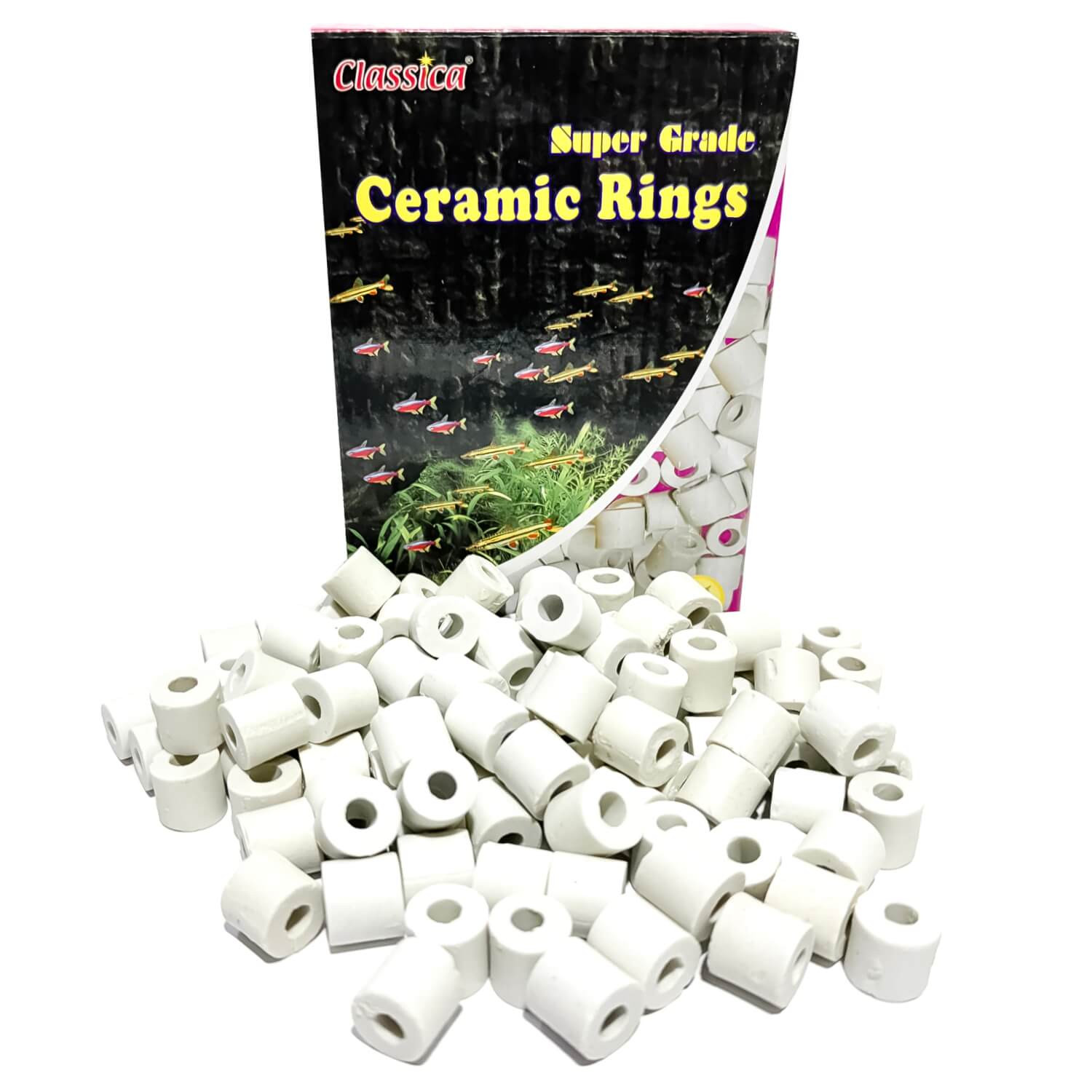 Inele ceramice pentru filtru acvariu Classica Super Grande Ceramic Rings 500 gr 7 Inele ceramice cu structura poroasa pentru o filtrare biologica excelenta. Acest material filtrant acvariu asigura o suprafata mare de colonizare pentru bacterii. Ceramica filtru acvariu rezistenta, recomandata pentru acvarii de orice dimensiune.