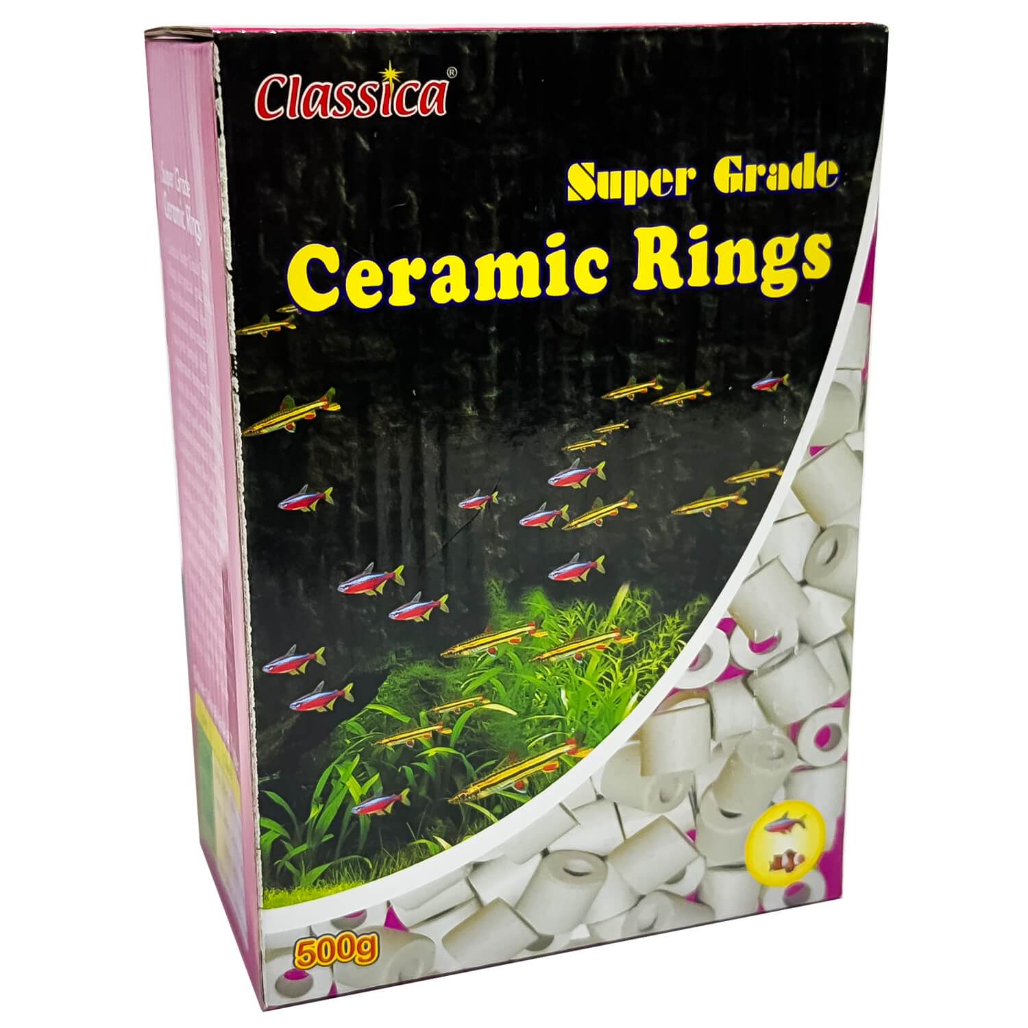 Inele ceramice pentru filtru acvariu Classica Super Grande Ceramic Rings 500 gr 4 Inele ceramice de 500g ideale pentru acvarii cu volum mare. Material filtrant acvariu cu porozitate ridicata, sprijina dezvoltarea bacteriilor benefice. Ceramica filtru acvariu pentru o filtrare eficienta si stabila in timp.