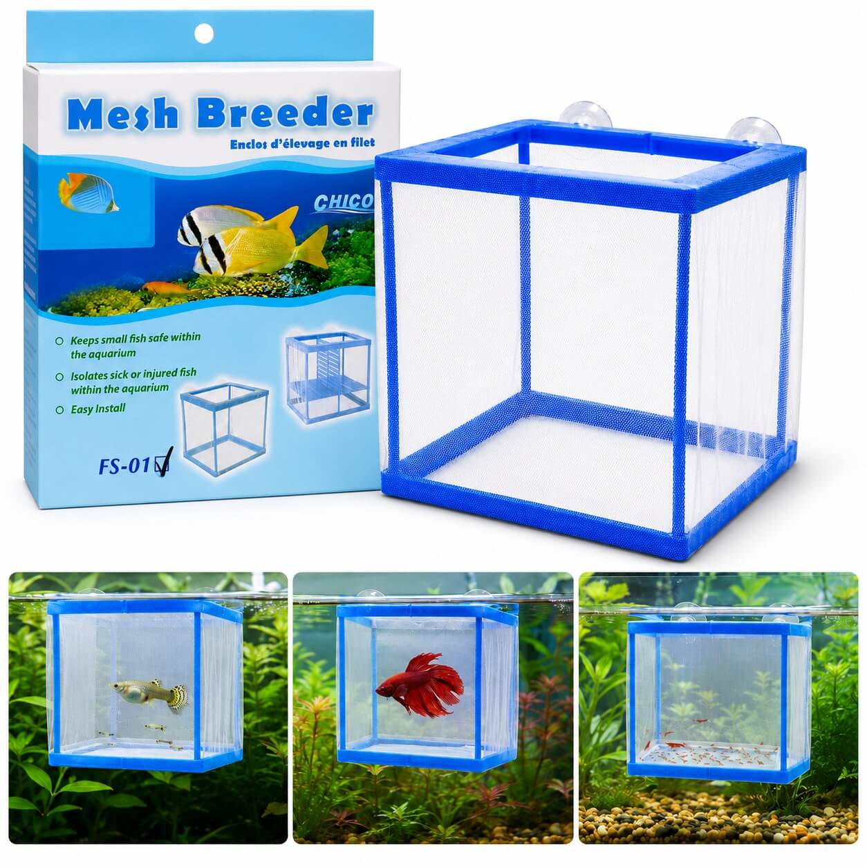 Maternitate acvariu din plasa marime small ( 16.5x15x15 ) 1 Maternitate acvariu din plasa small cu ambalaj si exemple de utilizare pentru puiet, peste Betta si creveti