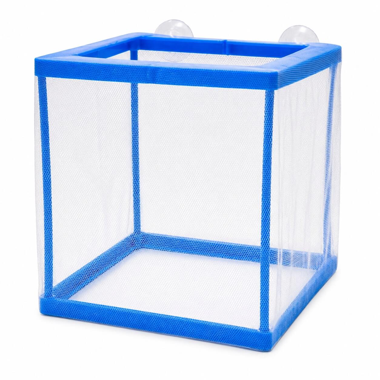 Maternitate acvariu din plasa marime small ( 16.5x15x15 ) 2 Maternitate pesti acvariu din plasa alba cu cadru albastru si doua ventuze transparente