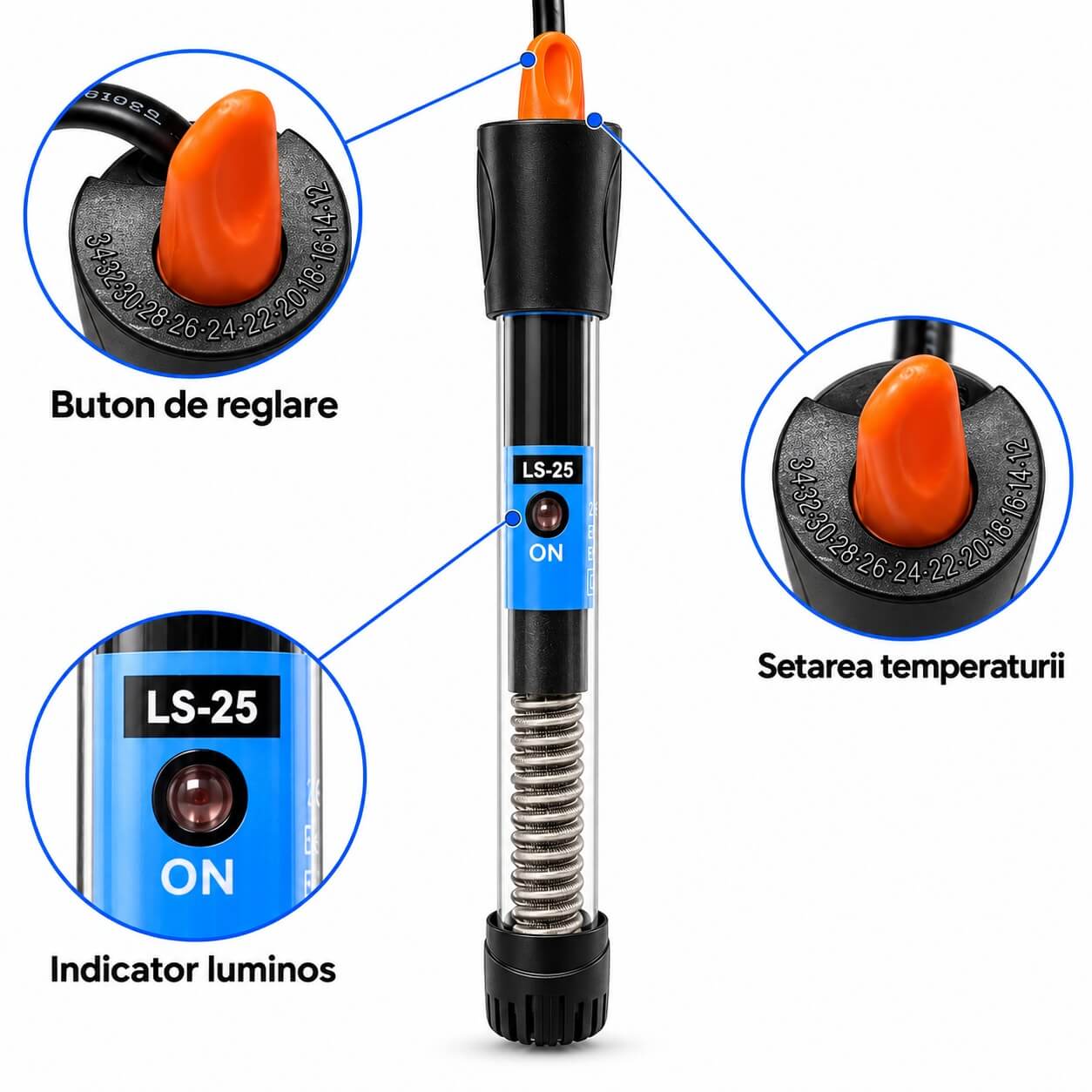 Mini incalzitor acvariu 25W 10 Incalzitor acvariu mic LS-25 cu buton reglare temperatura si indicator luminos