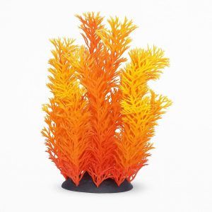 Plante acvariu de vanzare 18 cm Ceratophyllum portocaliu, plante artificiale cu textura realista, plante ornamentale artificiale ideale pentru acvarii de apa dulce; decor colorat, sigur, nu modifica parametrii apei, baza ceramica pentru stabilitate, livrare rapida.