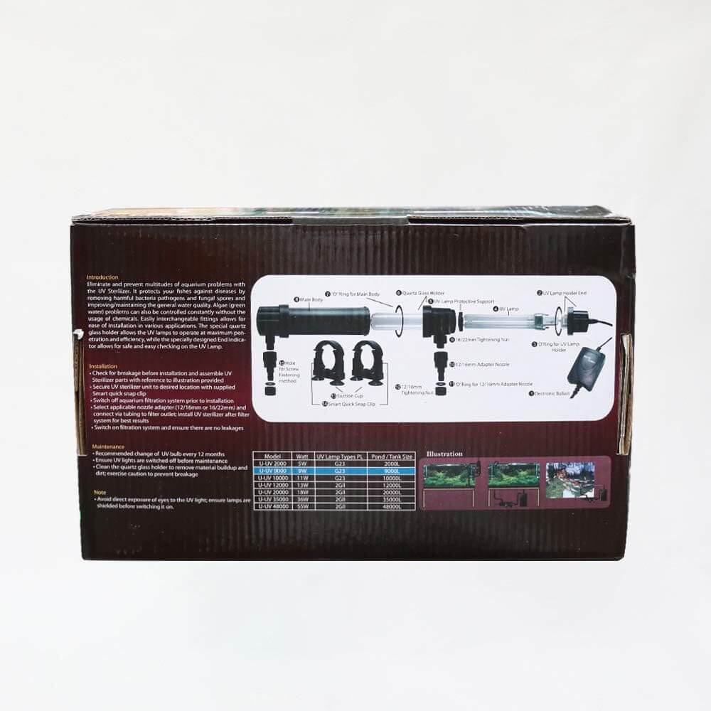 Sterilizator UV 9W Aqua Zonic 6 Sterilizator UV 9W Aqua Zonic, echipat cu tub uv 9W, ideal ca filtru UV acvariu si sterilizator UV iaz, pentru apa limpede, fara bacterii si microbi. Sterilizator UV 9W Aqua Zonic Sterilizatorul UV 9W Aqua Zonic este solutia perfecta pentru mentinerea apei din acvarii si iazuri curate si sanatoase. Echipat cu un tub UV 9W, acest filtru UV acvariu si sterilizator UV iaz asigura eliminarea bacteriilor si a algelor verzi, prevenind astfel aparitia apei tulburi si a mirosurilor neplacute. Caracteristici principale: Putere: 9W Lungime de unda UV: 250 nm, ideala pentru distrugerea bacteriilor si a algelor Capacitate: Eficient pentru iazuri de pana la 9000 litri si acvarii de pana la 800 litri Sistem de oprire automata: Siguranta sporita prin oprirea automata a lampii cand este deschisa Culoare: Negru Cablu de alimentare: 5 metri, pentru flexibilitate in instalare Durata de viata a tubului UV: Pana la 5000 ore, pentru o functionare de lunga durata Avantaje: Apa limpede si sanatoasa: Sterilizatorul UV 9W Aqua Zonic elimina bacteriile si algele din apa, asigurand un mediu curat si sigur pentru pesti. Fara efecte secundare: Radiatiile UV-C nu afecteaza negativ pestii sau plantele din acvariu. Reducerea germenilor: Reduce semnificativ numarul total de germeni, diminuand riscul de infectii si boli in randul pestilor. Instalare si Intretinere facile: Design-ul compact si cablul lung permit o instalare usoara, iar sistemul de oprire automata adauga un plus de siguranta. Detalii tehnice: Voltaj: 230 V / 50 Hz Dimensiuni: 310x110x135 mm Sterilizatorul UV 9W Aqua Zonic este un produs de inalta calitate, conceput pentru a mentine apa din acvarii si iazuri limpede si sanatoasa. Cu ajutorul acestui filtru UV acvariu si sterilizator UV iaz, veti avea parte de un mediu acvatic optim, fara a folosi substante chimice daunatoare. Investiti in sanatatea pestilor dumneavoastra cu Sterilizatorul UV 9W Aqua Zonic! Lampa UV acvariu 9W aduce numeroase avantaje folosita in iaz si in acvariu, printre care: Eliminarea algelor verzi: Lampa UV-C este extrem de eficienta in eliminarea algelor verzi care pot transforma apa verde intr-o masa tulbure si neatractiva. Razele UV-C distrug celulele algelor, mentinand apa limpede si curata. Reducerea bacteriilor si a parazitilor: Razele UV-C au capacitatea de a distruge bacteriile si parazitii prezenti in apa, reducand riscul de boli pentru pestii din acvariu sau iaz. Aceasta sterilizare imbunatateste sanatatea generala a pestilor si a altor vietuitoare acvatice. Imbunatatirea calitatii apei: Prin reducerea numarului de microorganisme daunatoare si a algelor, lampa UV- C contribuie la mentinerea unei calitati superioare a apei. Acest lucru este esential pentru un mediu sanatos in care pestii si plantele acvatice pot prospera. Reducerea mirosurilor neplacute: Eliminarea bacteriilor si a algelor ajuta la prevenirea dezvoltarii mirosurilor neplacute care pot aparea in acvarii sau iazuri neintretinute corespunzator. Mentenanta redusa: Prin utilizarea unei lampi UV-C, necesitatea schimbarii frecvente a apei si curatarea manuala a algelor este redusa semnificativ, facand intretinerea acvariului sau iazului mult mai usoara si mai eficienta. Compatibilitate cu diferite sisteme de filtrare: Lampa UV- C poate fi integrata usor in majoritatea sistemelor de filtrare existente, adaugand un nivel suplimentar de purificare fara a necesita modificari majore. Eficienta energetica: Majoritatea lampilor UV-C moderne sunt proiectate sa fie eficiente din punct de vedere energetic, oferind performante ridicate cu un consum redus de energie electrica. Siguranta: Lampile UV-C sunt echipate cu functii de siguranta care impiedica expunerea directa la radiatiile UV, protejand utilizatorii si animalele de efectele nocive ale razelor UV. Folosirea unei lampi UV-C in iaz si acvariu este o solutie excelenta pentru mentinerea unui mediu acvatic curat, sanatos si estetic placut, imbunatatind semnificativ bunastarea pestilor si reducand efortul necesar pentru intretinerea acestuia.