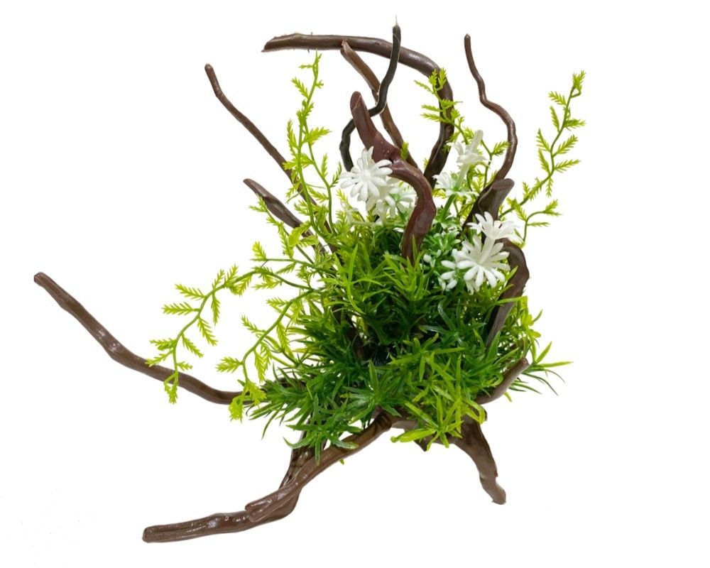 Flori si plante artificiale de acvariu decor cu Drift Wood 2 Flori si plante artificiale de acvariu transforma acvariul intr-o padure submersa; plante artificiale elegante, aranjamente flori artificiale acvariu usor de montat, cu flori ornamentale plastic delicate si baza stabila.