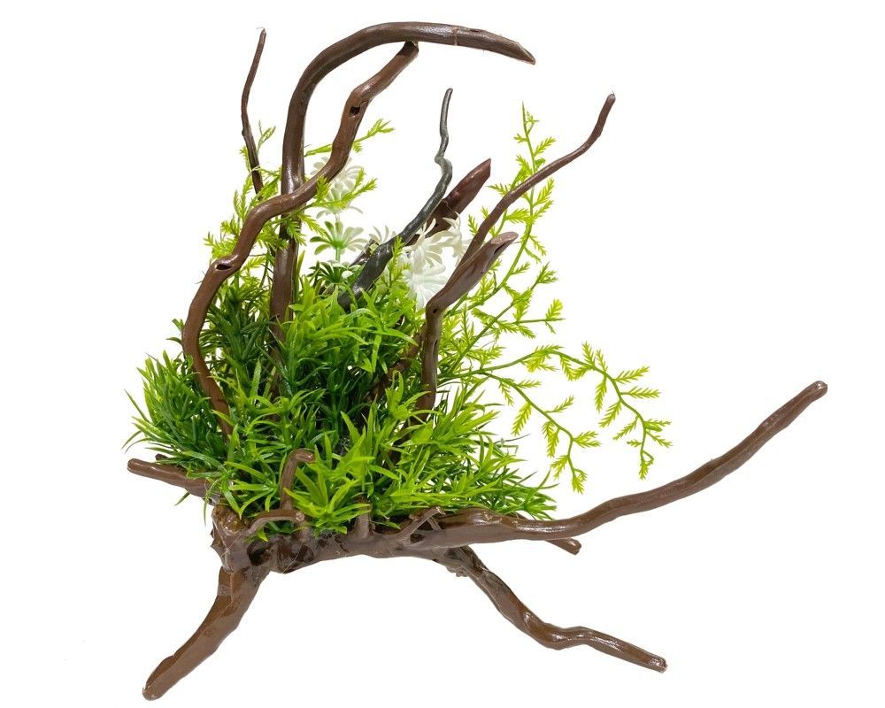 Flori si plante artificiale de acvariu decor cu Drift Wood 3 Flori si plante artificiale de acvariu mixate pe drift-wood brun; plante artificiale sigure si rezistente, perfecte pentru aranjamente flori artificiale acvariu, aducand flori ornamentale plastic albe si verde crud in fiecare colt al acvariului.