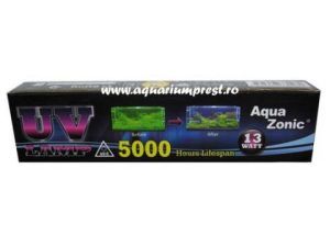 Bec UV 13W, Bec ultraviolete UV-C, ideal pentru sterilizare apa. Bec lampa UV germicidal pentru filtru apa UV. Eficienta maxima pentru acvarii si iazuri. Dimensiuni: Lungime totală ( fără pini ): 18,5 cm. Lungimea părții de sticlă: 14,5 cm. Bec UV pentru lampile cu ultraviolete de la Aqua Zonic sau alte lampi UV-C compatibile. Bec UV 13W, un bec ultraviolete de tip UV-C, ideal pentru sterilizarea apei din acvarii si iazuri. Acest bec lampa UV germicidal este compatibil cu majoritatea filtrelor de apa UV si asigura o eficienta maxima in eliminarea bacteriilor si algelor. Cu o putere de 13W, acest bec UV este perfect pentru a mentine apa limpede si sanatoasa, prevenind dezvoltarea microorganismelor daunatoare. Becul UV 13W de la Aqua Zonic este proiectat pentru a fi utilizat in lampile cu ultraviolete pentru sterilizarea apei. Durata medie de functionare a acestui bec filtru apa UV este de aproximativ 6000 de ore, dupa care trebuie inlocuit pentru a mentine eficienta sterilizarii. Cu o lungime totala de 18,5 cm si o lungime a partii de sticla de 14,5 cm, acest bec este usor de instalat si potrivit pentru diverse aplicatii de filtrare a apei. Becul UV 13W asigura un mediu acvatic curat si sanatos, reducand riscul de infectii si imbunatatind calitatea vietii pestilor si plantelor din acvariu sau iaz.