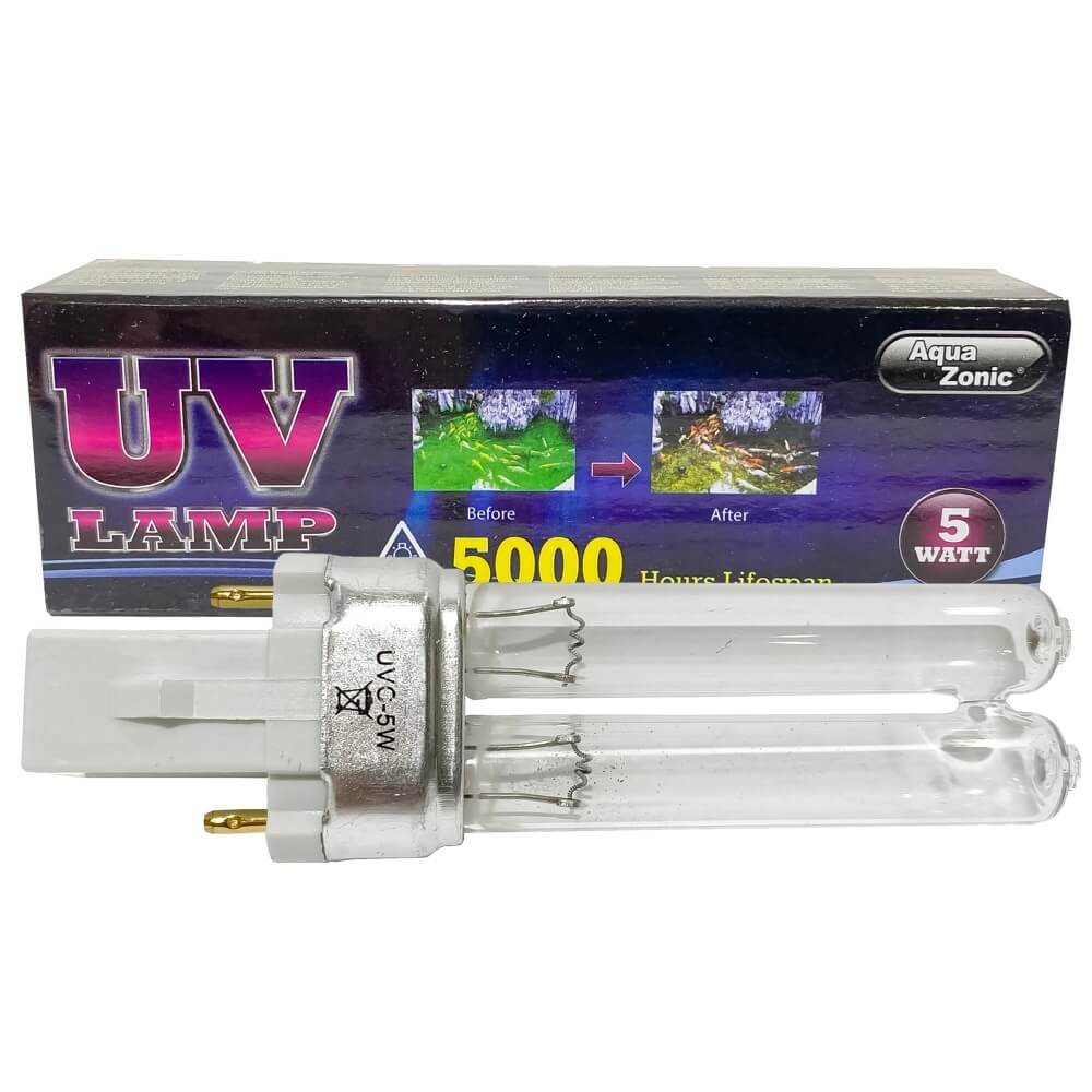 Bec UV 5W 1 Bec UV 5W, Bec ultraviolete, UV-C, ideal pentru sterilizare. Bec lampa UV 5 W de la Aqua Zonic. Un bec germicidal UV eficient in sterilizarea apei. Bec UV 5W Bec UV 5W de la Aqua Zonic, un bec ultraviolete de tip UV-C, ideal pentru sterilizare. Acest bec lampa UV 5 W este un bec germicidal UV eficient in eliminarea bacteriilor si virusurilor din apa acvariilor si iazurilor. Descriere produs: Becul UV 5W este destinat schimbului pentru lampile cu ultraviolete folosite in sterilizarea apei din acvarii (atat dulci cat si sarate) si iazuri. Cu o putere de 5W, acest bec UV ofera o durata medie de exploatare de 5000 de ore, asigurand o functionare de lunga durata si performante excelente in mentinerea apei curate si sanatoase. Caracteristici: Putere: 5W Tip: Bec UV-C cu 2 pini (tip PL) Durata medie de exploatare: 5000 de ore Dimensiuni: Lungime totala fara pini: 10,6 cm; Lungimea partii de sticla: 6,8 cm Becul UV 5W este compatibil cu lampile cu ultraviolete de la Aqua Zonic si alte lampi UV-C similare, fiind un accesoriu esential pentru orice sistem de sterilizare a apei din acvarii si iazuri. Alegand acest bec germicidal UV, veti beneficia de o apa limpede si sanatoasa, protejata de bacterii si virusuri daunatoare.