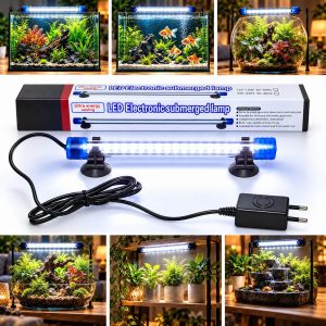 Lampa acvariu submersibila 20 cm cu 18 LED-uri albe, ambalaj si exemple de iluminare pentru acvarii si decoruri