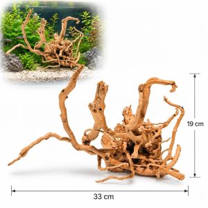 Radacini cu structuri naturale acvariu TW05, lemn natural 33 x 19 cm si exemplu de utilizare in acvariu
