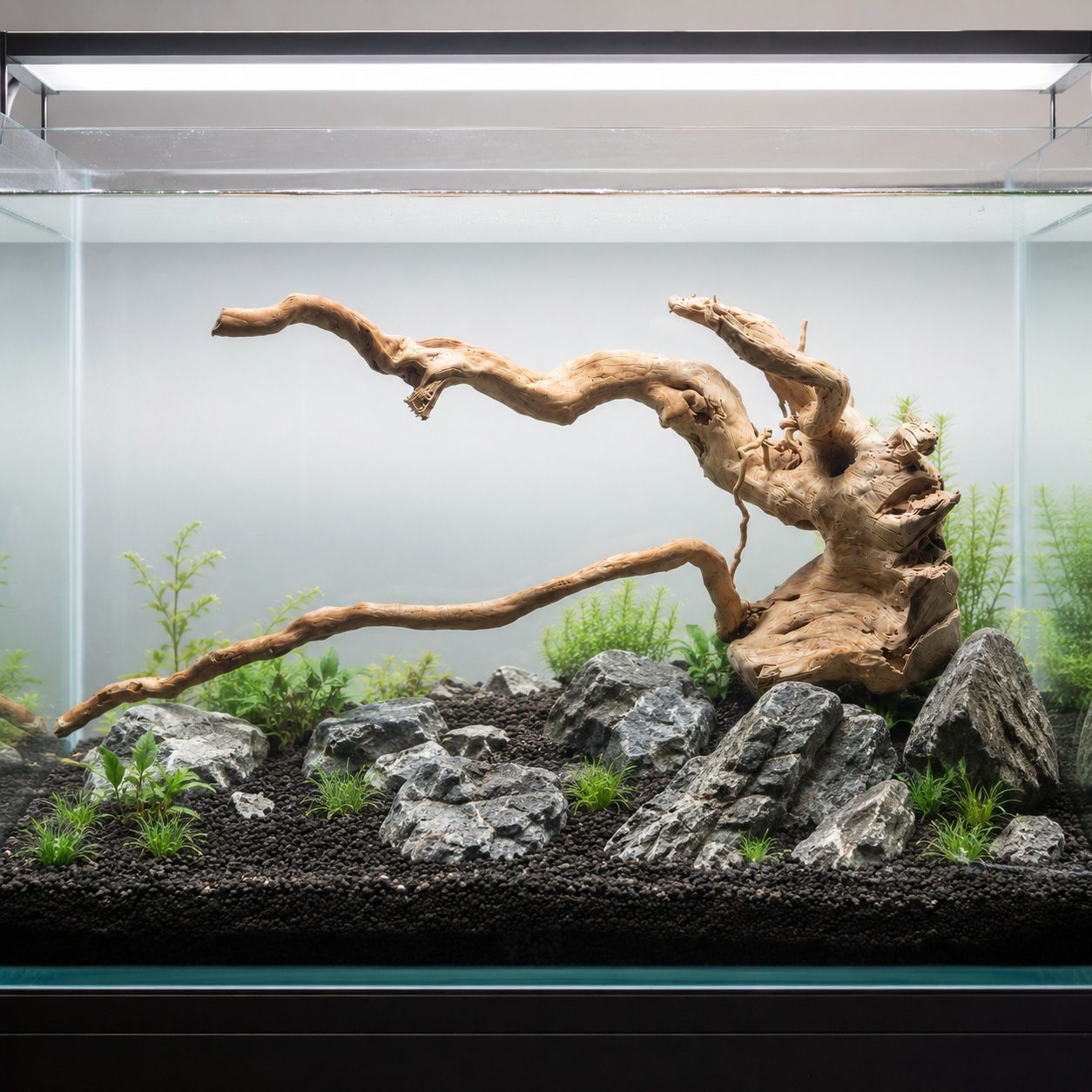 Red Moor Wood TW18 2 Red Moor Wood TW18 pozitionat intr-un acvariu plantat cu roci decorative si substrat negru.