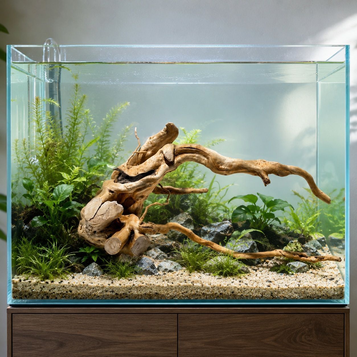 Red Moor Wood TW18 6 Red Moor Wood TW18 montat intr-un acvariu plantat cu substrat deschis, pietre decorative si plante verzi.