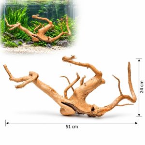 Decor acvariu natural Red Moor Wood RM01, 51 x 24 cm, cu exemplu de amenajare in acvariu