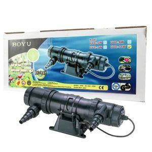 Lampa ultraviolete sterilizare acvarii si iazuri Boyu 11 W, ideala pentru sterilizarea cu raze UV, asigura un mediu curat si sanatos pentru pesti. Aceasta lampa ultraviolete pentru acvariu UV 11W folosește sterilizarea cu raze UV ce este procesul de distrugere a întregii populații microbiene prin intermediul radiațiilor UV-C. Este o lampă ultraviolete pentru sterilizare acvarii și iazuri. Păstrează apa curată și cristalină pentru bunăstarea plantelor și a peștilor. Îndepărtează agenții patogeni și ține apa din iaz sau din acvariu limpede și cristalină. Sterilizarea cu raze UV este un proces eficient ce utilizeaza radiatii UV-C cu lungimea de unda de 250 nm, capabile sa distruga algele verzi si bacteriile, fara a avea efecte secundare negative. Astfel, riscul de infectii si imbolnaviri ale pestilor este considerabil redus. Caracteristici: Pentru volume de apă de până la 1000 litri. UV cu 250 nm lungimea de undă pentru distrugerea algelor verzi și a bacteriilor. Fără efecte secundare. Scade numărul toatal de germeni și microbi, astfel reducând riscul de infecții și îmbolnăviri. Putere 11 W. Lampă UV produsă din materiale de înaltă calitate și cu rezistență sporită la îmbătrânire. Corpul lămpii este proiectat pentru a fi ușor de demontat și curățat. Lampa ultraviolete sterilizare acvarii si iazuri Boyu 11 W produce raze ultraviolete de tip C puternice care pot elimina eficient algele, bacteriile și microorganismele din apă și împiedică apa să devină verde sau urât mirositoare. Păstrează o apă limpede și reduce cu până la 90% rata de îmbolnăvire a peștilor. Conector furtun multistrat potrivit pentru diferite diametre de furtune. Lampă UV de înaltă eficiență, fiabilă și cu economisire de energie electrică. Detalii tehnice: Voltaj: 230 V / 50 Hz. Putere: 11 W. Culoare: Negru. Dimensiuni: 310 X 110 X 135 mm. Lampa ultraviolete sterilizare acvarii si iazuri Boyu 11 W este un echipament indispensabil pentru orice acvarist sau proprietar de iaz, asigurand un mediu acvatic curat, sanatos si fara agenti patogeni. Este o solutie fiabila si eficienta pentru mentinerea unei ape limpezi si cristaline, protejand in acelasi timp sanatatea pestilor si a plantelor din acvariul sau iazul dumneavoastra.