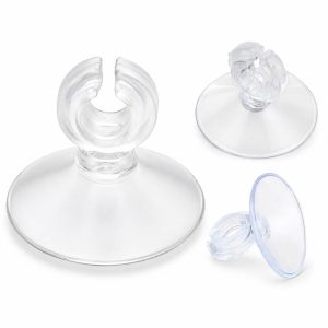 Ventuza acvariu transparenta model 2128 prezentata din trei unghiuri, cu suport circular pentru furtun de aer de 6 mm.