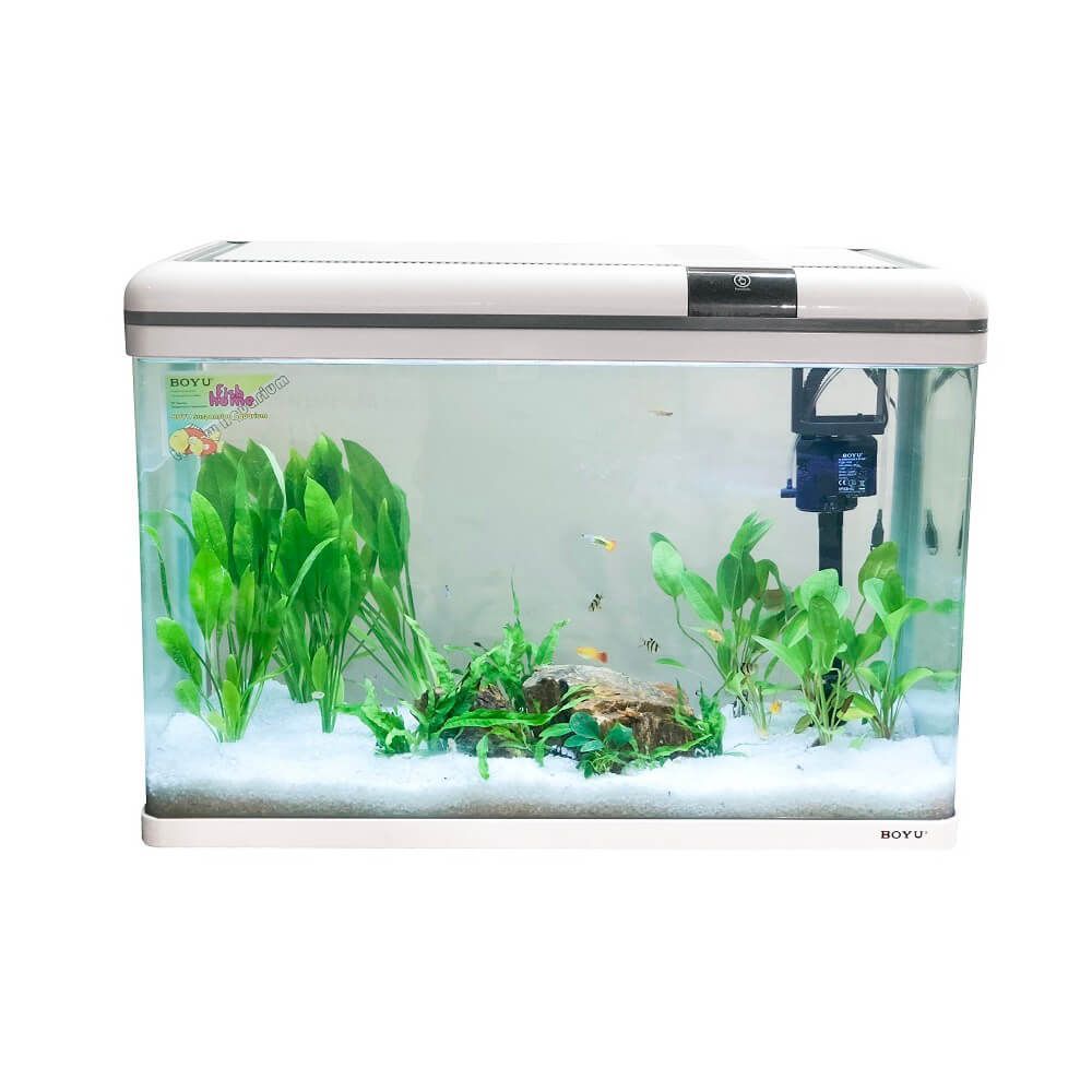 Acvariu Boyu alb cu margini curbate 128 litri XF-80 9 Acvariu Boyu alb cu un volum de 128 litri cu performante net superioare comparativ cu alte acvarii complet echipate. Model de acvariu led cu Smart Touch Control pentru o ușoară setare a sistemului de iluminare. Confecționat din sticlă clară. Colțurile frontale sunt curbate astfel că geamul din față și lateralele fac parte din aceeași foaie de sticlă. Avantajul este obținerea unei imagini mult mai clare și de efect a acvariului. Capacul și rama de la baza acvariului sunt confecționate din plastic ABS rezistent. Sistem de iluminare LED cu putere mărită de penetrare a luminii în masa apei pentru un iluminat corect, complet și cu un consum electric de numai 18W. Sistem de filtrare On-Top cu un debit de 960 litri pe oră și o putere electrică de 15W cu medii de filtrare propice pentru dezvoltarea bacteriilor benefice pentru filtrarea biologică și mecanică a apei. Sistem Smart Touch pentru controlul sistemului de iluminare cu mai multe moduri. Practic acest sistem permite controlul intensității luminii în acvariu. Dimensiuni exterioare ale acvariului: 80cm (Lungime) x 36,4cm (lățime) x 57cm (înălțime totală). Culoare: alb. Acvariul are capacitatea unui volum real de aproximativ 128 litri de apă. Material filtrant inclus: pad. Alimentarea se face la sistemul normal de energie electrică: 220 – 230 V / 50 Hz. Acvariu confecționat din sticlă cu capac din plastic. Compact și cu design inovativ.
