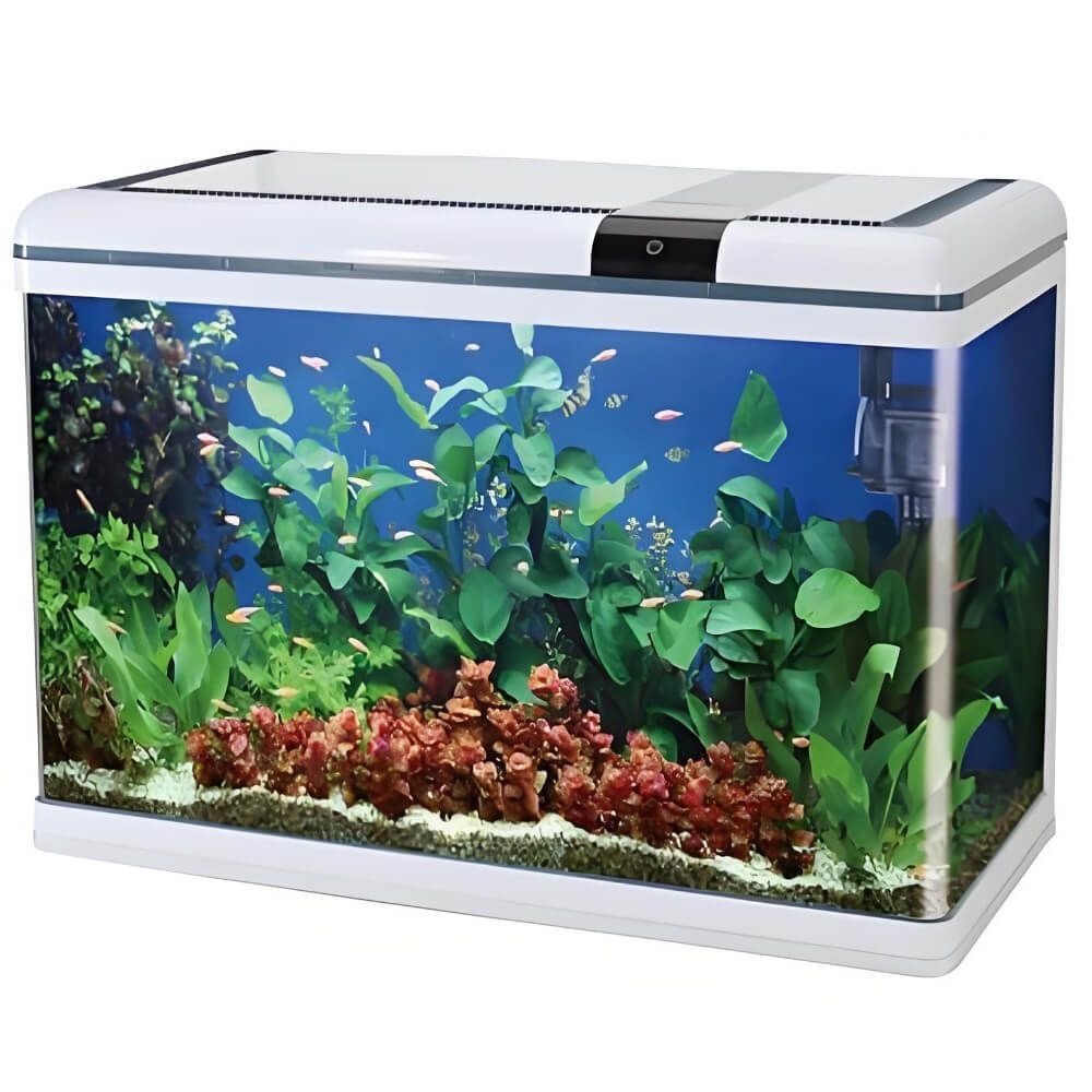 Acvariu Boyu alb cu margini curbate 128 litri XF-80 4 Acvariu Boyu alb cu un volum de 128 litri cu performante net superioare comparativ cu alte acvarii complet echipate. Model de acvariu led cu Smart Touch Control pentru o ușoară setare a sistemului de iluminare. Confecționat din sticlă clară. Colțurile frontale sunt curbate astfel că geamul din față și lateralele fac parte din aceeași foaie de sticlă. Avantajul este obținerea unei imagini mult mai clare și de efect a acvariului. Capacul și rama de la baza acvariului sunt confecționate din plastic ABS rezistent. Sistem de iluminare LED cu putere mărită de penetrare a luminii în masa apei pentru un iluminat corect, complet și cu un consum electric de numai 18W. Sistem de filtrare On-Top cu un debit de 960 litri pe oră și o putere electrică de 15W cu medii de filtrare propice pentru dezvoltarea bacteriilor benefice pentru filtrarea biologică și mecanică a apei. Sistem Smart Touch pentru controlul sistemului de iluminare cu mai multe moduri. Practic acest sistem permite controlul intensității luminii în acvariu. Dimensiuni exterioare ale acvariului: 80cm (Lungime) x 36,4cm (lățime) x 57cm (înălțime totală). Culoare: alb. Acvariul are capacitatea unui volum real de aproximativ 128 litri de apă. Material filtrant inclus: pad. Alimentarea se face la sistemul normal de energie electrică: 220 – 230 V / 50 Hz. Acvariu confecționat din sticlă cu capac din plastic. Compact și cu design inovativ.
