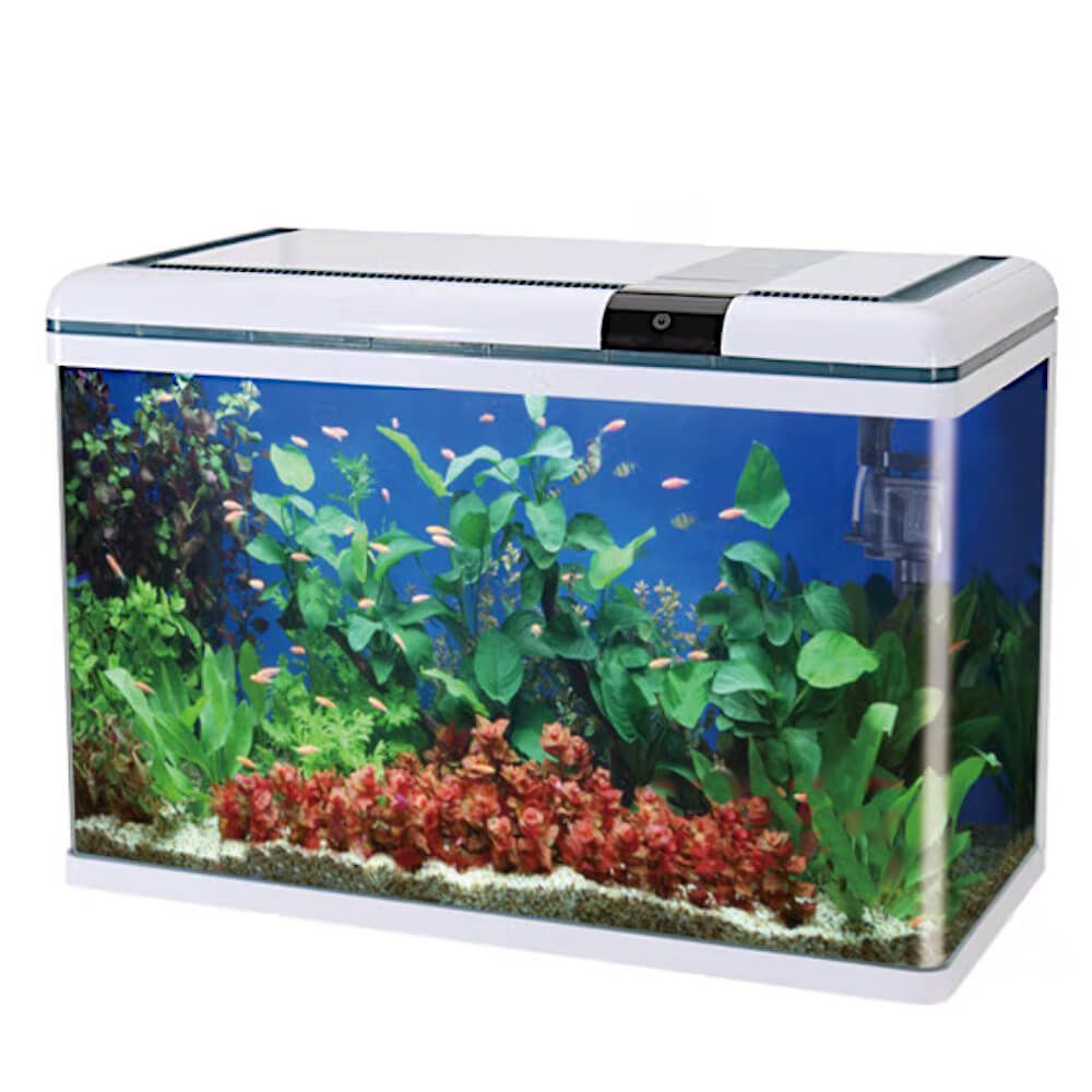 Acvariu Boyu alb cu margini curbate 128 litri XF-80 2 Acvariu Boyu alb cu un volum de 128 litri cu performante net superioare comparativ cu alte acvarii complet echipate. Model de acvariu led cu Smart Touch Control pentru o ușoară setare a sistemului de iluminare. Confecționat din sticlă clară. Colțurile frontale sunt curbate astfel că geamul din față și lateralele fac parte din aceeași foaie de sticlă. Avantajul este obținerea unei imagini mult mai clare și de efect a acvariului. Capacul și rama de la baza acvariului sunt confecționate din plastic ABS rezistent. Sistem de iluminare LED cu putere mărită de penetrare a luminii în masa apei pentru un iluminat corect, complet și cu un consum electric de numai 18W. Sistem de filtrare On-Top cu un debit de 960 litri pe oră și o putere electrică de 15W cu medii de filtrare propice pentru dezvoltarea bacteriilor benefice pentru filtrarea biologică și mecanică a apei. Sistem Smart Touch pentru controlul sistemului de iluminare cu mai multe moduri. Practic acest sistem permite controlul intensității luminii în acvariu. Dimensiuni exterioare ale acvariului: 80cm (Lungime) x 36,4cm (lățime) x 57cm (înălțime totală). Culoare: alb. Acvariul are capacitatea unui volum real de aproximativ 128 litri de apă. Material filtrant inclus: pad. Alimentarea se face la sistemul normal de energie electrică: 220 – 230 V / 50 Hz. Acvariu confecționat din sticlă cu capac din plastic. Compact și cu design inovativ.