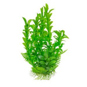 Flori artificiale de acvariu Hygrophilla verde 18 cm, planta decorativa artificiala cu frunze late, plante artificiale durabile; baza ceramica mentine stabilitatea in curent, perfect pentru aquascaping rapid.