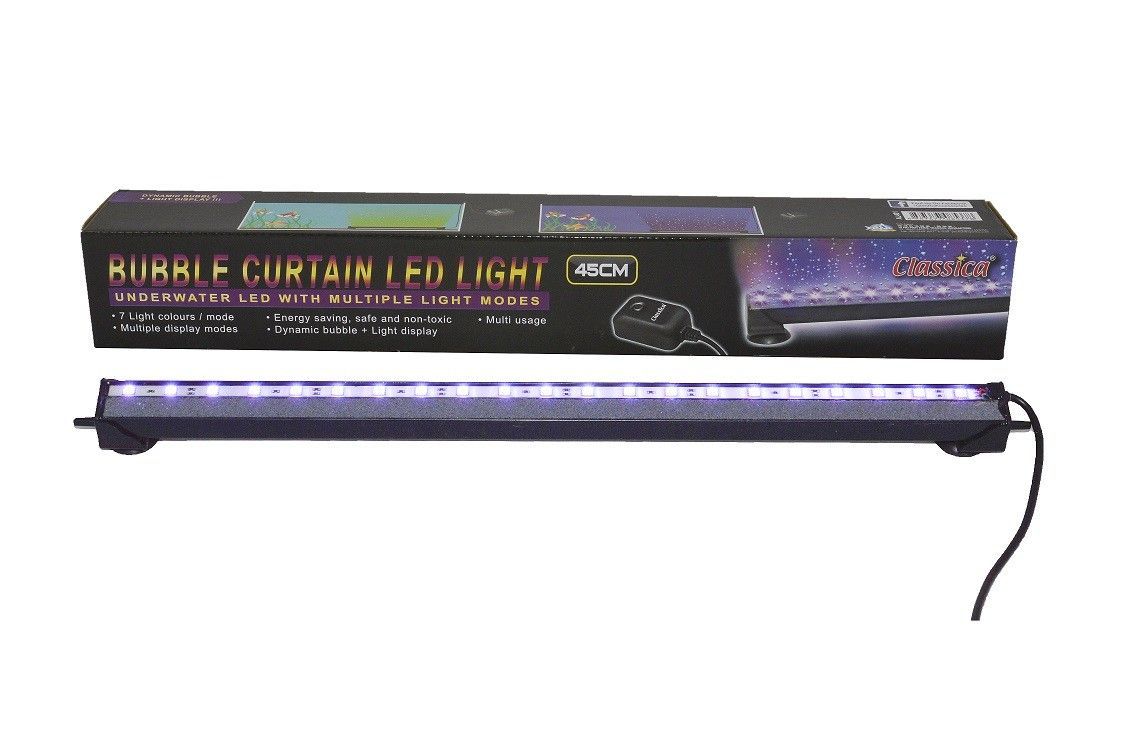 Perdea aer acvariu Air Led 45 cm 2 Transforma-ti acvariul intr-un spectacol de lumini si bule cu Perdea aer acvariu Air Led 45 cm, solutia perfecta pentru oxigenare si design acvatic de exceptie. Aceasta perdea de aer acvariu cu leduri imbina functionalitatea cu estetica, oferind un mediu sanatos pestilor tai si un decor uimitor. Perdea led este conceputa pentru a crea un flux constant de bule oxigenante, completat de jocuri de lumini in 7 culori diferite. Perdea bule acvariu cu LED este usor de utilizat, economica si ideala pentru orice tip de acvariu, fie el de apa dulce sau sarata.