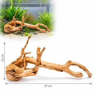 Lemn Driftwood Red Moor LM10, radacina naturala 37 x 15 cm, prezentata pe fundal alb si integrata intr-un acvariu plantat.