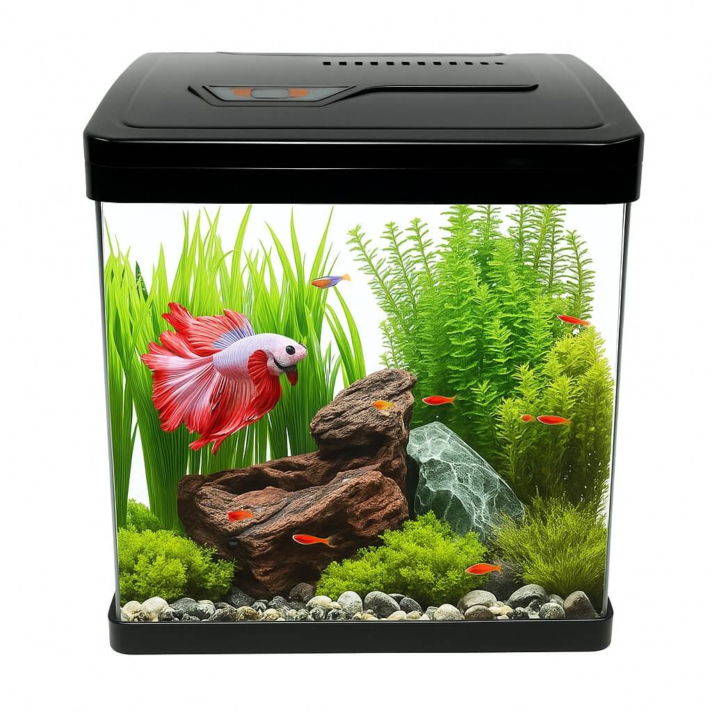 Mini acvariu 19 cm echipat cu lumina si filtru 1 Mini acvariu 19 cm echipat cu lumina si filtru, ideal pentru acvariu incepatori. Acest Mini acvariu de sticla face parte din modelele de acvarii compacte, fiind perfect ca acvariu Betta sau acvariu pesti mici. Solutie practica si moderna pentru acvarii ieftine si decorative.