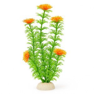 Flori artificiale verzi de acvariu 20 cm Flowering Ambuilia cu flori portocalii; plante acvariu artificiale realiste, plante ornamentale artificiale sigure UV, plante artificiale ce se monteaza rapid si nu necesita CO2.