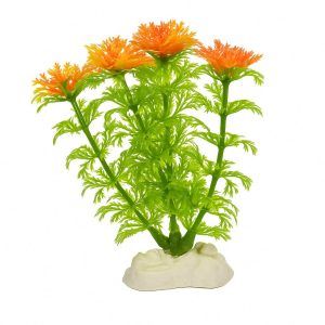 Flori artificiale pentru acvariu Ambuilia 13 cm, plante artificiale verzi cu muguri portocalii, plante decorative artificiale pe baza ceramica, efect tropical instant in orice bazin.