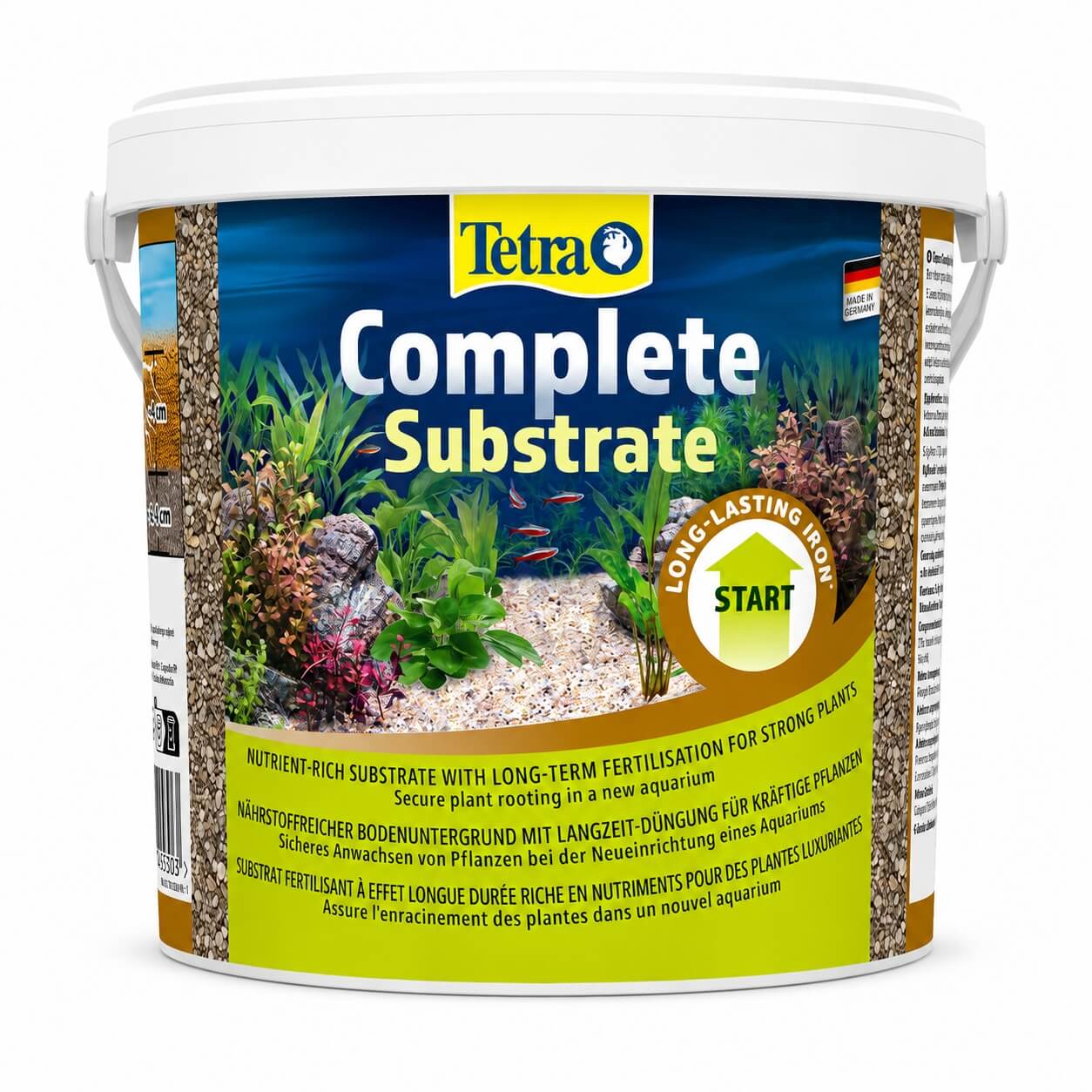 Tetra Complete substrate 5 kg. substrat nutritiv plante acvariu 2 Recipient Tetra Complete Substrate 5 kg pentru plante de acvariu, vedere frontala a ambalajului pe fundal alb, cu formula pentru fertilizarea de lunga durata.