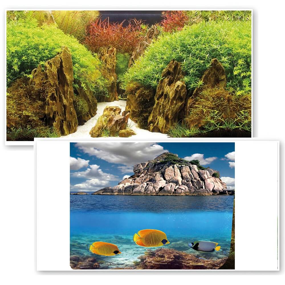 Wallpaper acvariu cu pesti dublu fata 30×100cm 1 Peisaj subacvatic cu stanci impunatoare si vegetatie, ideal ca wallpaper acvariu cu pesti; fundal acvariu de calitate, realizat din folie fundal acvariu rezistenta, completat de autocolant acvariu 3d, poster acvariu si colant acvariu, pentru un aspect natural.
