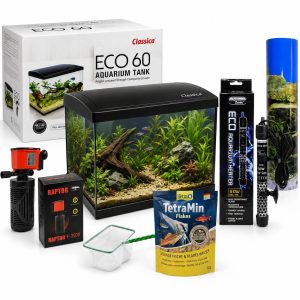 Acvariu LED complet ECO 60 de 63 l, amenajat, prezentat cu filtru, incalzitor, minciog, hrana si fundal decorativ