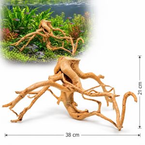 Radacini acvariu apa dulce Red Moore Wood RM14, lemn natural 38 x 21 cm, prezentat cu exemplu de amenajare intr-un acvariu plantat.
