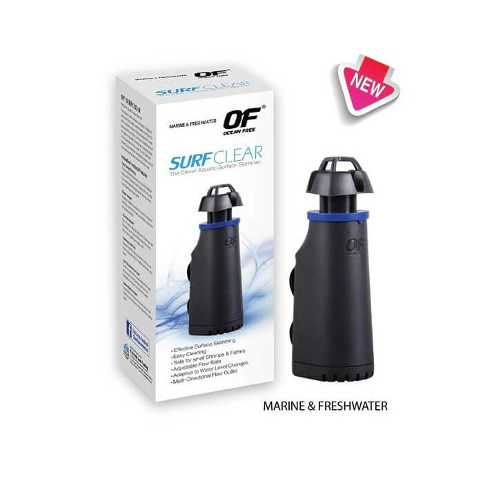 Surface skimmer acvariu Ocean Free SurfClear 12 Acest Surface skimmer acvariu Ocean Free SurfClear este special conceput pentru a mentine suprafata apei din acvariu curata si fara impuritati. Este un skimmer de suprafata acvariu de ultima generatie, care elimina rapid particulele ce plutesc la suprafata apei si impiedica formarea unei pelicule de grasimi sau uleiuri. Pelicula de grasimi este una dintre cele mai frecvente probleme intalnite in acvariile de apa dulce si sarata, impiedicand schimbul de gaze esential pentru sanatatea pestilor si a plantelor.