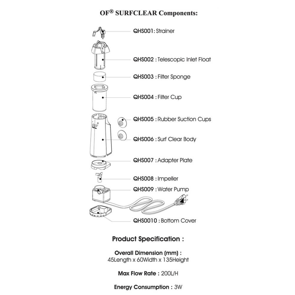 Surface skimmer acvariu Ocean Free SurfClear 6 Surface skimmer acvariu de la Ocean Free model SurfClear. Cel mai eficient skimmer de suprafata acvariu de pe piata. Skimmer acvariu la pret cel mai bun si de cea mai buna calitate. Surface skimmer aquarium SurfClear este un skimmer acvariu apa dulce silentios ce este garantat cu mult mai eficient decat orice alt produs similar. Conceput pentru a colecta particolele ce plutesc la suprafata apei dar si pelicula de grasimi ce se formeaza pe suprafata apei acvariului si care face imposibil schimbul de gaze intre acvariu si mediul exterior. Aspirator de suprafata ce curata in permanenta suprafata apei de micile resturi ce plutesc si astfel ajuta la ilumimnarea mai buna a fundului acvariului. Skimmer de suprafata acvariu ce preantampina formarea unei pelicule fine de uleiuri la suprafata apei. Contribuie la oxigenarea apei. Acest skimmer acvariu amesteca mult mai bine straturile de apa, astfel parametrii apei sunt mai constanti in masa apei. Debit de apa reglabil. Nu pune in pericol absorbtia pestilor de talie mica sau a crevetilor. Se adapteaza singur la modificarile nivelului apei in urma evaporarii acesteia. Evacuarea apei in acvariu se realizeaza multidirectional astfel incat pestii nu vor fi nevoiti sa stea intr-un singur loc in momentul functionarii acestui surface skimmer electric independent. Pastreaza garantat suprafata apei acvariului limpede si curata. Se poate utiliza atat pentru acvariile de apa dulce cat si pentru cele marine. Dimensiuni: 5,6 cm (Lungime) x 4,1 cm (latime) x 13,5 cm (inaltime).