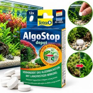 Tetra AlgoStop Depot 12 tablete cu pastile albe si scenarii de utilizare pentru prevenirea algelor in acvariul de apa dulce