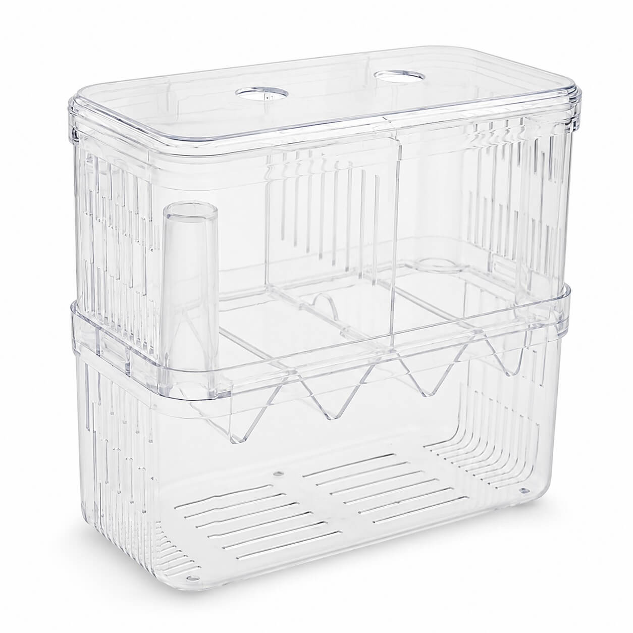 Fatatoare si separator pesti in V marime XL 10 Separator acvariu transparent XL cu capac si doua compartimente superioare