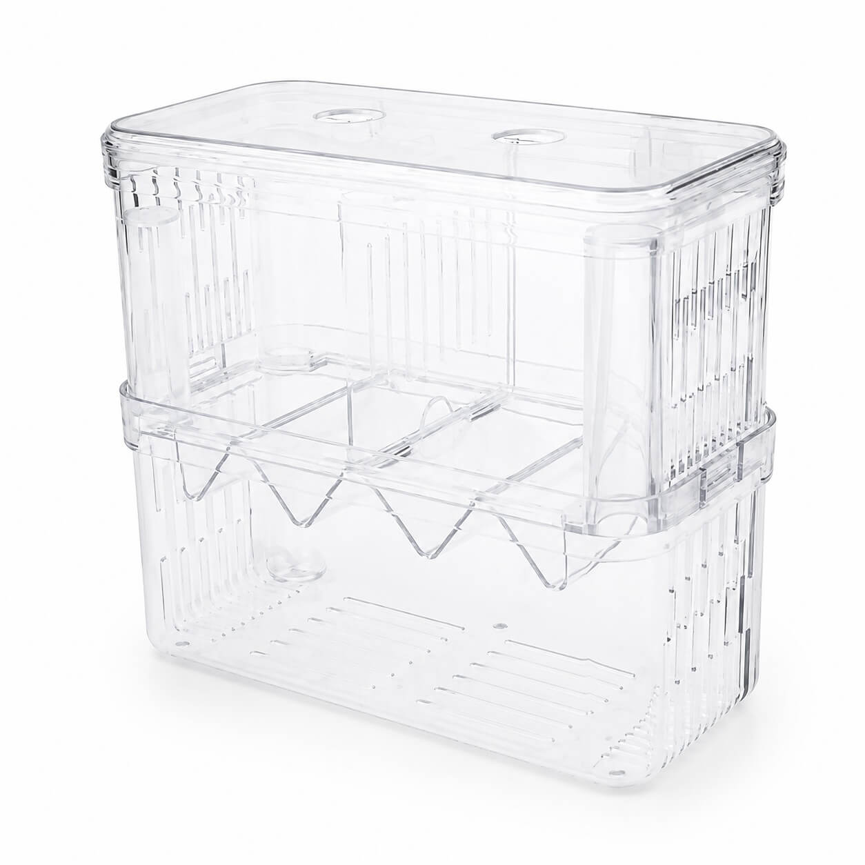 Fatatoare si separator pesti in V marime XL 6 Fatatoare pesti XL transparenta, vedere laterala cu grilaje in V si capac