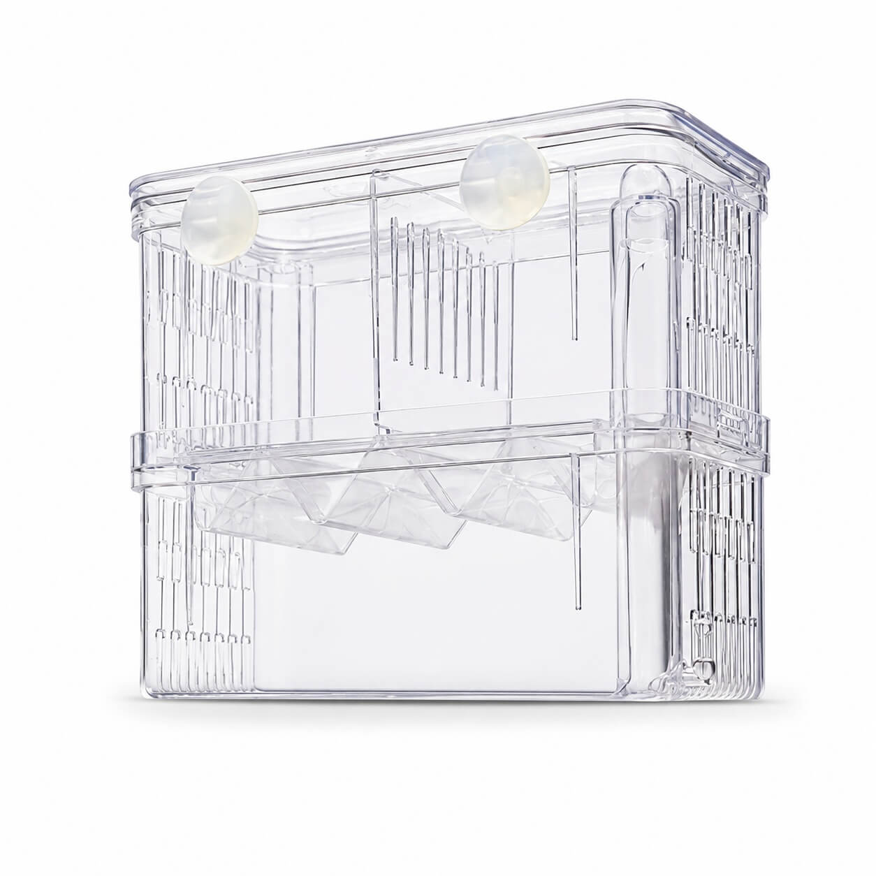 Fatatoare si separator pesti in V marime XL 8 Vedere din spate a separatorului pentru acvariu cu ventuze si grilaje de protectie in V