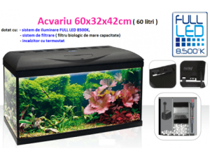 Acvariu FULL LED profesional 60 litri echipat cu sistem de filtrare si incalzitor