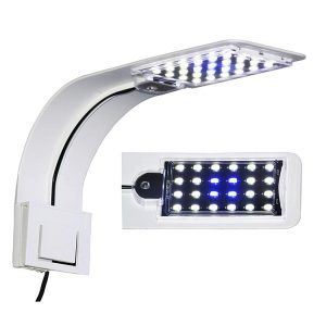 Lampa led acvariu White & Blue 30 leduri 7W, luminoasa si durabila. Aceasta lampa led acvariu plantat asigura iluminare optima la pesti si plante. Lampa led pentru acvariu ce stimuleaza cresterea plantelor si intensifica coloritul pestilor exotici. O lampa led acvariu plantat cu lumina compozita: 28 leduri white si 2 leduri blue. Dotata cu leduri extrem de puternice de cea mai recenta generatie. Lampa acvariu ce economiseste energie electrica. O lampa subtire, confectionata numai din materiale de cea mai buna calitate. Se monteaza extrem de simplu pe geamul acvariului. Sistemul de prindere permite montarea pe geam cu grosimea maxima de 7 mm. Lampa led pentru acvariu White & Blue 30 leduri 7W este solutia ideala pentru acvariile plantate, oferind o iluminare suficienta si eficienta. Aceasta lampa led acvariu plantat stimuleaza cresterea plantelor si accentueaza culorile vibrante ale pestilor exotici. Caracteristici: 30 leduri puternice: 28 leduri albe daylight si 2 leduri Blue Moon Consum redus de energie: doar 7W Dimensiuni compacte: 22 cm (Lungime) x 6,8 cm (latime) x 0,7 cm (grosime) Luminozitate excelenta: Cantitatea de lumina emisa de leduri este puternica. Lampa este foarte luminoasa. Culoare alba: Se integreaza cu succes oriunde creand un contrast de bun gust Cablu de alimentare suficient: Lungimea cablului de alimentare este de 130 cm. Beneficii: Iluminare optima pentru plante si pesti Usor de montat pe acvarii cu grosimea geamului de pana la 7 mm Protectie impotriva stropilor si vaporilor de apa datorita geamului acrilic Buton ON/OFF pe cablul electric pentru stingerea si aprinderea lampii. Aplicatii: Ideala pentru acvarii plantate cu lungimi intre 20-50 cm, aceasta lampa acvariu este perfecta pentru a crea un mediu sanatos si estetic in acvariul tau.