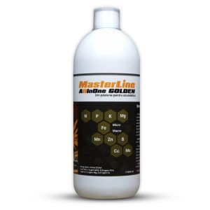 MasterLine All In One Golden se foloseste doar in bazine cu aditie de CO2 si se dozeaza doar zilnic.  MasterLine All In One Golden 1000 ml contribuie la un sistem radicular mai sanatos, frunze si tulpini mai groase si la o adaptare mai usoara a plantelor dificile.  Continut: 0.81% N, 0.20% P, 2.25% K, 0.6% Mg, 0.27% Fe, 0.07% Mn, 0.05% Zn, 0.04% B, 0.009% Cu, 0.006% Mo  Se recomanda folosirea MasterLine AlllnOne Golden concomitent cu MasterLine Carbo. Astfel, plantele acvatice vor primi toate elementele nutritive necesare unei cresteri sanatoase.  Evitati folosirea lampilor UV, deoarece acestea contribuie la deteriorarea elementelor continute în solutie.  Nu ingerati si nu lasati la indemana copiilor. Pastrati produsul la loc racoros si ferit de lumina. Dozaj MasterLine All In One Golden 1000 ml: 1 ml la 30 litri zilnic             1 ml la 30 litri adauga 1.20 ppm NO3, 0.2 ppm PO4, 0.75 ppm K, 0.2 ppm Mg, 0.09 ppm Fe