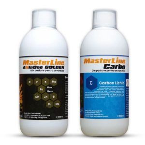MasterLine All ln One Golden este o formula superioara de fertilizare acvariu ce inglobeaza elemente prezente in multiple forme, usor asimilabile. Se foloseste doar in bazine cu aditie de CO2 si se dozeaza doar zilnic.  MasterLine All ln One Golden contribuie la un sistem radicular mai sanatos, frunze si tulpini mai groase si la o adaptare mai usoara a plantelor dificile.  Continut: 0.81% N, 0.20% P, 2.25% K, 0.6% Mg, 0.27% Fe, 0.07% Mn, 0.05% Zn, 0.04% B, 0.009% Cu, 0.006% Mo  Se recomanda folosirea MasterLine All ln One Golden concomitent cu MasterLine Carbo. Astfel, plantele acvatice vor primi toate elementele nutritive necesare unei cresteri sanatoase.  Evitati folosirea lampilor UV, deoarece acestea contribuie la deteriorarea elementelor continute în solutie.  Nu ingerati si nu lasati la indemana copiilor. Pastrati produsul la loc racoros si ferit de lumina.  Dozaj: 1 ml la 30 litri zilnic. 1 ml la 30 litri adauga 1.20 ppm NO3, 0.2 ppm PO4, 0.75 ppm K, 0.2 ppm Mg, 0.09 ppm Fe.  Produs in Romania, din pasiune pentru acvaristica. ============================================================================= MasterLine Carbo contine carbon, componenta primara a vietii pe Pamant. Pentru cele mai bune rezultate, in bazine fara aditie de CO2, se recomanda impreuna cu folosirea unui sol activ.  Se poate folosi ca sursa unica de carbon sau concomitent cu CO2. Evitati folosirea lampilor UV.  Daca aveti contact cu solutia, clatiti cu apa.  Pentru o buna fertilizare acvariu se recomanda folosirea MasterLine Carbo concomitent cu MasterLine I si II sau cu AllInOne. Astfel, plantele acvatice vor primi toate elementele nutritive necesare unei cresteri sanatoase.  Este sintetizat diferit de catre plante comparativ cu CO2-ul si nu influenteaza pH-ul apei.  Nu ingerați si nu lasati la indemana copiilor. Pastrati produsul la loc racoros si ferit de lumina.  Dozaj: 1 ml la 30 litri zilnic.  MasterLine Carbo se poate doza doar zilnic, preferabil inaintea pornirii iluminarii. Set fertilizanti MasterLine All In One Golden 500 ml si Carbo 500 ml este produs in Romania, din pasiune pentru acvaristica.