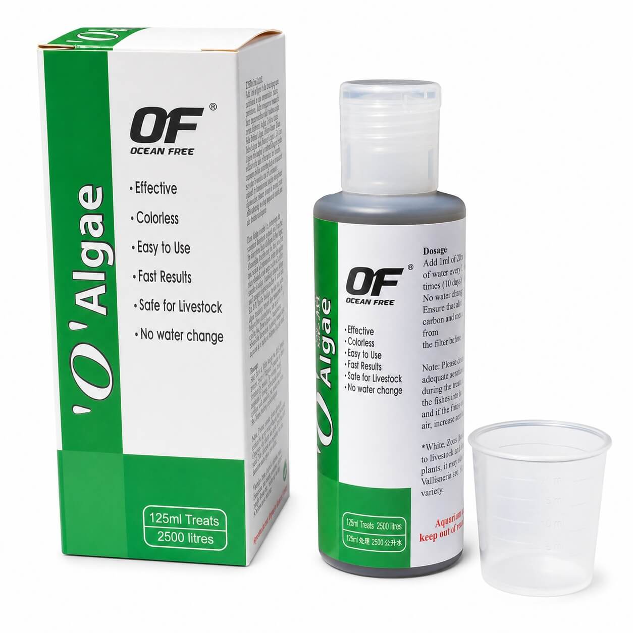 Zero Algae solutie contra alge acvariu pt 2500 l 3 Flacon si cutie Ocean Free O Zero Algae 125 ml cu capac dozator pentru tratarea algelor din acvariu